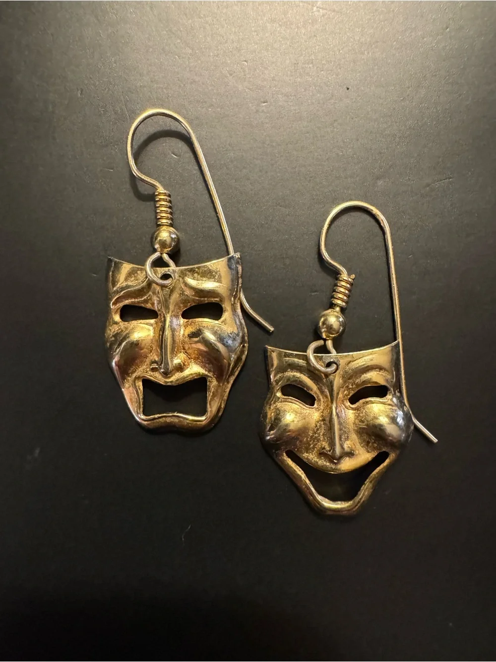 Gold Comedy & Tragedy Theater Mask Dangle Earrings 1.25”